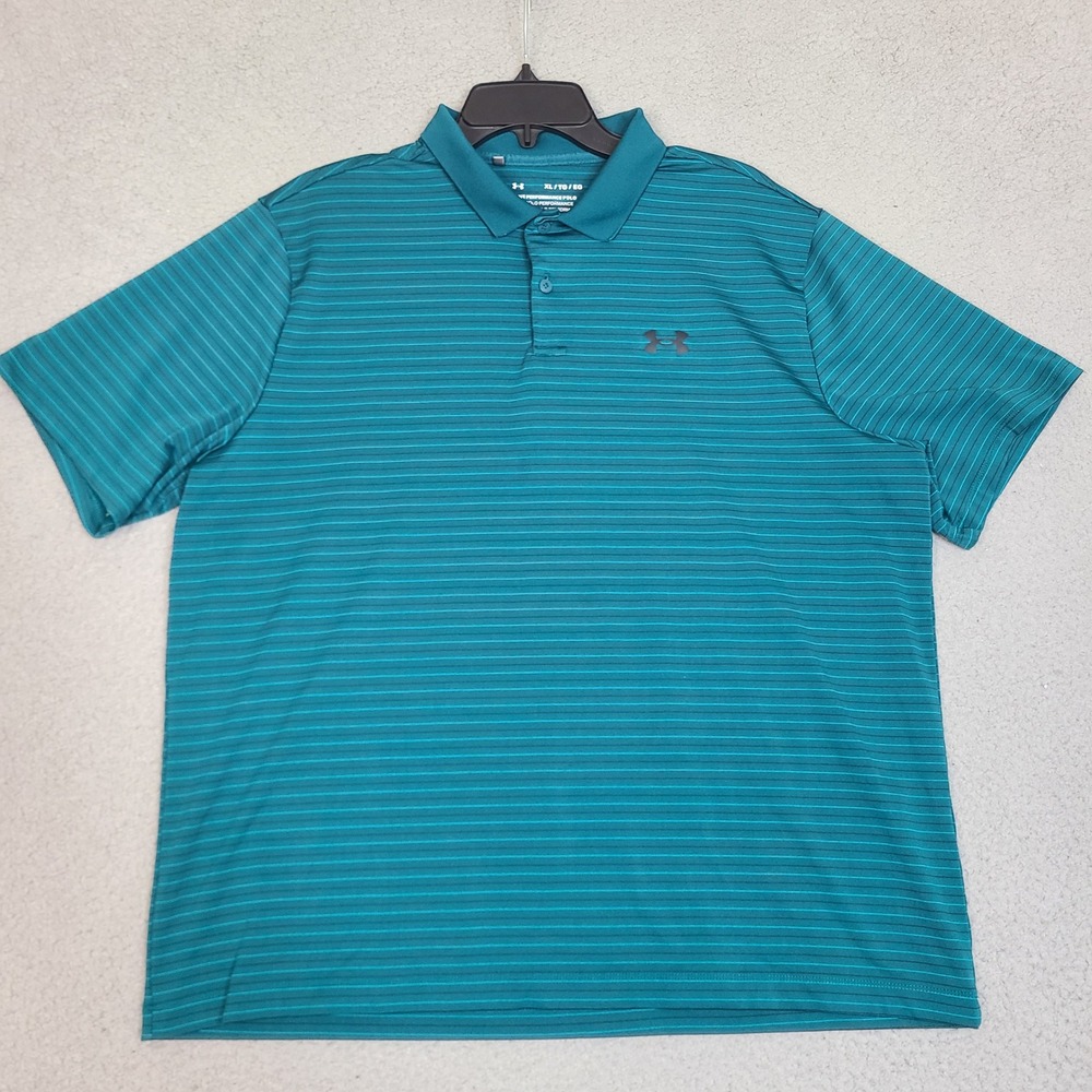 Under Armour Mens Performance Polo Shirt XL Teal Blue Striped Loose Fit Golf